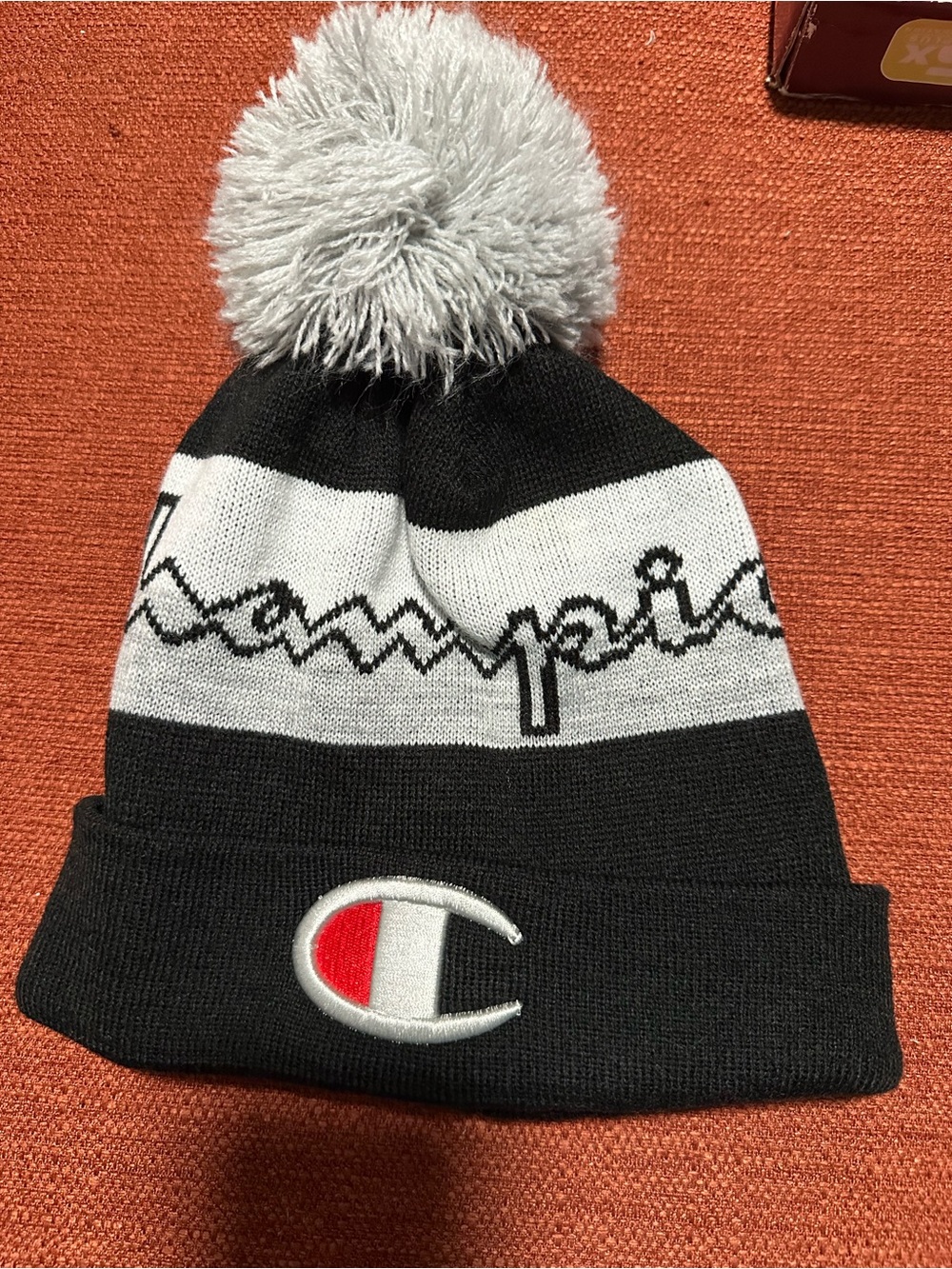 Champion Black, White, Red Pom Beanie with Script Logo